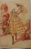 Carte poștală Mauzan, Femeie &icirc;n rochie galbenă, Stropitoare