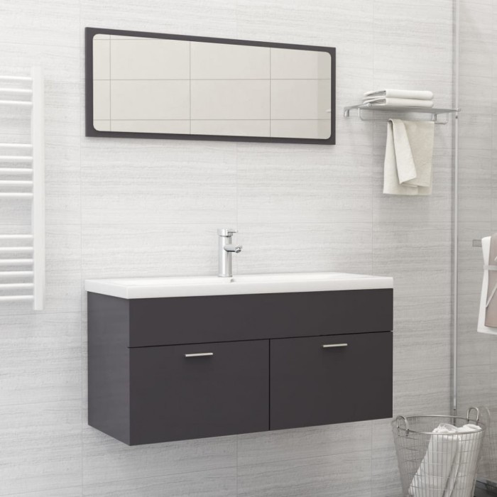 Set mobilier de baie, gri extralucios, lemn prelucrat