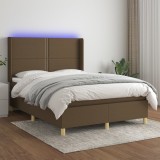 VidaXL Pat cu arcuri, saltea și LED, maro &icirc;nchis, 140x200 cm, textil