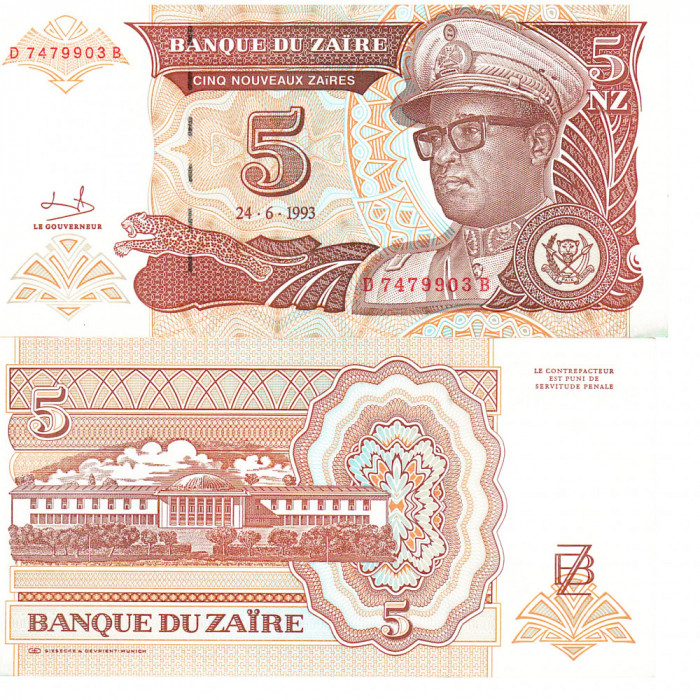 Zair 5 Noveaux Zaires 1993 P-53a UNC