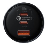 INCARCATOR auto Baseus Qualcomm QC 5,1xUSB Output 5V/3A,2xUSB Type-C max 5V/3A,total output 160W,include cablu USB Type-C la USB Type-C 100W 1m,gri&quot;TZ