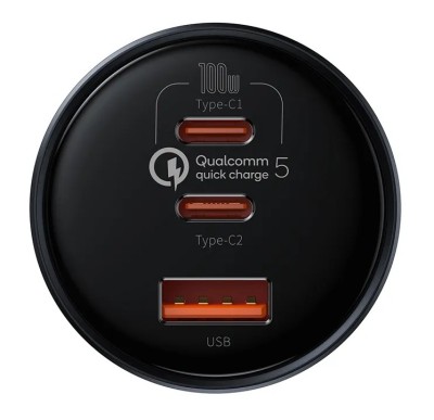 INCARCATOR auto Baseus Qualcomm QC 5,1xUSB Output 5V/3A,2xUSB Type-C max 5V/3A,total output 160W,include cablu USB Type-C la USB Type-C 100W 1m,gri&amp;quot;TZ foto