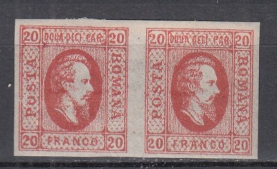 ROMANIA 1865 LP 17 ALEXANDRU IOAN CUZA EFIGIA DOMNITORULUI IN OVAL 20 PARALE ROSU PERECHE GUMA ORIGINALA SARNIERA foto