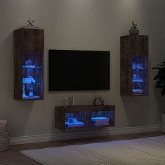 vidaXL Comode TV de perete cu lumini LED, 4 piese, stejar fumuriu