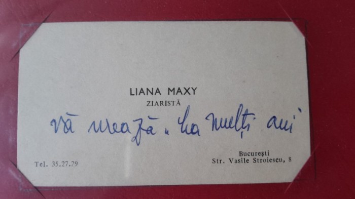 Carte de vizita, Liana Maxy, ziarista. Cu mesaj de felicitare
