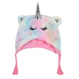 Căciulă Copii Unicorn, Model 3D, Blană Multicolor, Detalii Argintii, Cozi Roz, Oem