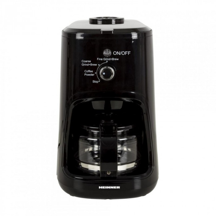 Cafetiera Heinner, 900 W, 600 ml, 4 cesti, filtru detasabil, lame inox, recipient sticla, Negru