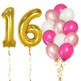 Set Baloane Aniversare 16 Ani Fata, Roz/Rose Gold, 14 Buc - Baloane Folie Cifra Aurii + Latex, Decor Petrecere Ropet
