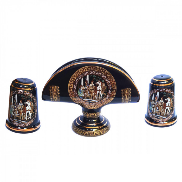 Set 2 solnite si suport servetele din ceramica greceasca cu foita de aur 24K handmade COD: 1782