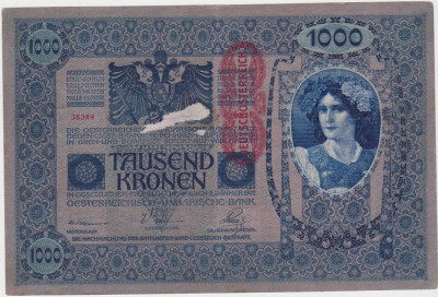 AUSTRIA UNGARIA 1000 COROANE KRONEN 1902 SUPRATIPAR DEUTSCHEOSTEREICH UZATA foto