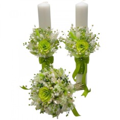 Set pentru nunta cu buchet si lumanari din parafina , cu plante naturale uscate - alb-verde