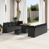 Set canapele grădină vidaXL cu perne negre din ratan poli și acacia, Canapea grădină vidaXL cu depozitare și perne negre din ratan poli, Set dining gr