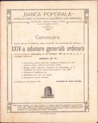 HST A507 Convocare 1931 Adunarea generală Banca Poporală Caransebeș foto