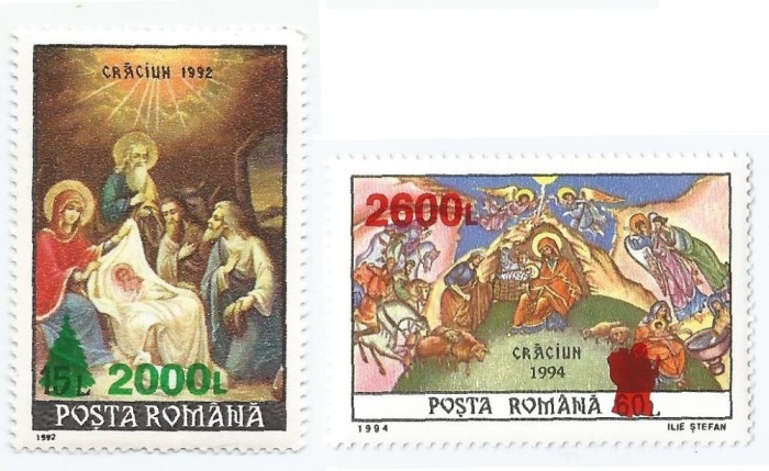 |Romania, LP 1473/1998, Craciun 1992 (supratipar &quot;bradut&quot;), Craciun 1994 (supratipar &quot;Mos Craciun&quot;), MNH