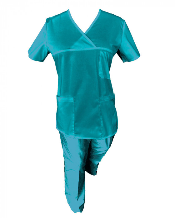 Costum Medical Pe Stil, Turcoaz cu Elastan, Model Classic - S, XL