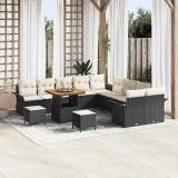 Set de canapea de grădină cu 13 piese, include perne, negru, din răchită poli și lemn de acacia.