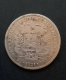 Moneda de argint - 5 Bol&iacute;vares 1921, Venezuela - B 2153, America Centrala si de Sud