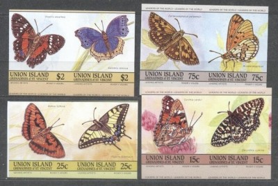 Union Island 1985 Butterflies, 4 pairs, imperf., MNH S.536 foto