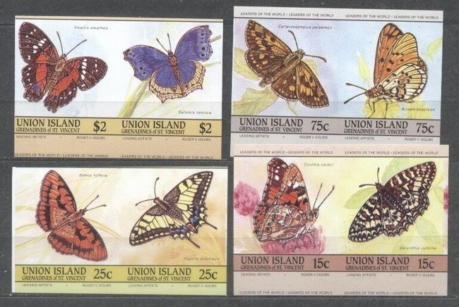 Union Island 1985 Butterflies, 4 pairs, imperf., MNH S.536