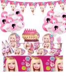 Set 153 piese vesela petrecere Barbie pentru 10 copii, stegulete decorative, fata de masa, servetele, pahare, farfurii, dragoni care sufla, paie, coif