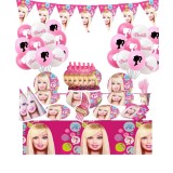 Set 153 piese vesela petrecere Barbie pentru 10 copii, stegulete decorative, fata de masa, servetele, pahare, farfurii, dragoni care sufla, paie, coif