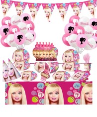 Set 153 piese vesela petrecere Barbie pentru 10 copii, stegulete decorative, fata de masa, servetele, pahare, farfurii, dragoni care sufla, paie, coif
