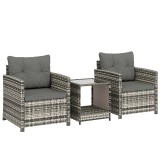 Outsunny Set mobilier exterior 3 piese din rășină &icirc;mpletită, masă și 2 fotolii cu perne, 62x65x75 cm, Gri deschis | Aosom Romania