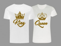 Set tricouri albe personalizate cu text auriu - King and Queen foto