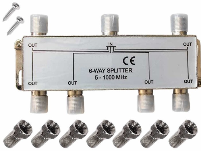 Spliter antenă TV, Active, multiplicator cablu coaxial RF, 6 Iesiri + 1 Intrare, mufe legatură incluse