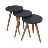 Cumpara ieftin Set de 3 buc masute laterale Perjene melamina nuanta antracit cu picioare din lemn 36.5x36.5x45 cm