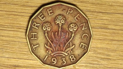 Anglia / Marea Britanie - moneda de colectie dodecagonala - 3 pence 1938 - George VI - deosebita ! foto
