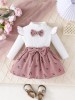 Set pentru fetite &ndash; Bluzita alba cu papion si fustita roz pudra (Marime, Superbaby