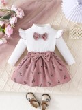 Set pentru fetite &ndash; Bluzita alba cu papion si fustita roz pudra (Marime, Superbaby