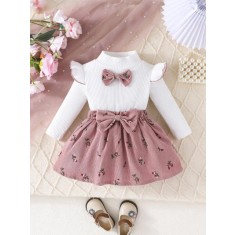 Set pentru fetite &ndash; Bluzita alba cu papion si fustita roz pudra (Marime