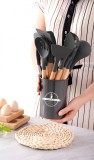 Set ustensile bucatarie Brius&trade;, 12 piese, Lemn si Silicon alimentar, termorezistente, antiaderente, suport blat, spatula, polonic, cleste, lingura pas