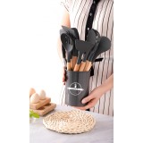 Set ustensile bucatarie Brius&trade;, 12 piese, Lemn si Silicon alimentar, termorezistente, antiaderente, suport blat, spatula, polonic, cleste, lingura pas