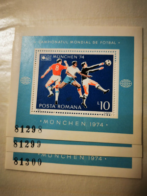 VOC 1974 LP 852 CM de fotbal Munchen, colita neuzata, MNH, 3 serii consecutive foto