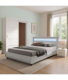 Dormitor Alb 160x200 cm cu LED, Dulap 150 cm, Noptiere, Pat Tapitat Piele Ecologica, Somiera Metalica