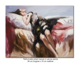 Cumpara ieftin Tablou tanara intinsa pe pat pictat manual, Senzualitate, 90x70cm ulei pe panza