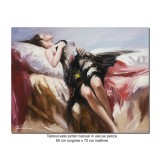 Tablou tanara intinsa pe pat pictat manual, Senzualitate, 90x70cm ulei pe panza