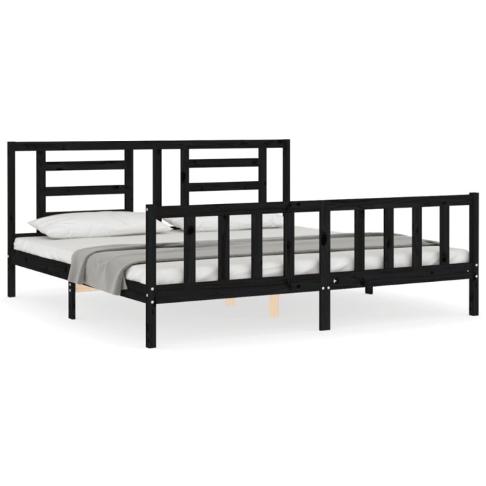 Cadru pat cu tablie 200x200 cm, negru, lemn masiv