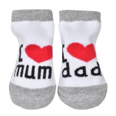 șosete Unisex, I Love Mum &amp; Dad, Bumbac 65%, Gri Alb Roșu, Mărime 0-6 Luni