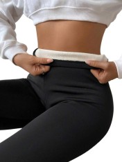 Colanti termici dama cu talie inalta si captuseala fleece, model casual, elastici si comozi, Negru - L