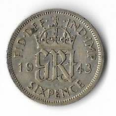 Moneda 6 pence 1943 - Marea Britanie, 2,8276 g argint 0,5000