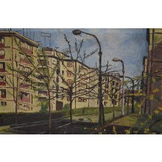 Peisaj citadin cu blocuri - nesemnat anii 1970 - cu dedicatie pe spate