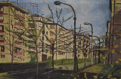 Peisaj citadin cu blocuri - nesemnat anii 1970 - cu dedicatie pe spate foto