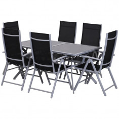 Set mobilier gradina/terasa, aluminiu, blat sticla, negru si argintiu, 1 masa, 6 scaune, Ash