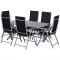 Set mobilier gradina/terasa, aluminiu, blat sticla, negru si argintiu, 1 masa, 6 scaune, Ash