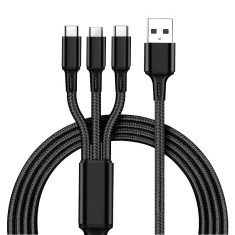 Cablu incarcare rapida 3in1, Nylon, USB/MicroUSB/Lightning/USB-C, 3A, 120 cm, Negru