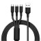 Cablu incarcare rapida 3in1, Nylon, USB/MicroUSB/Lightning/USB-C, 3A, 120 cm, Negru